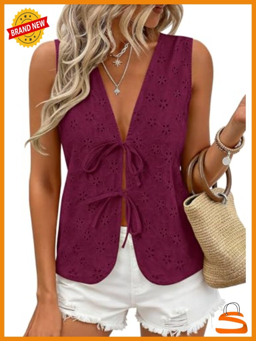 Trendy Tie Front Eyelet Tank Top Sleeveless V Neck Dressy Blouse